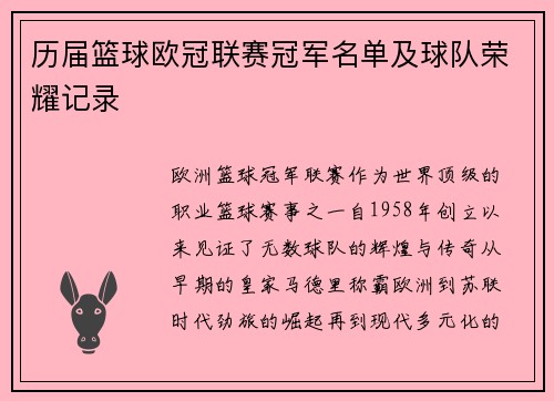 历届篮球欧冠联赛冠军名单及球队荣耀记录